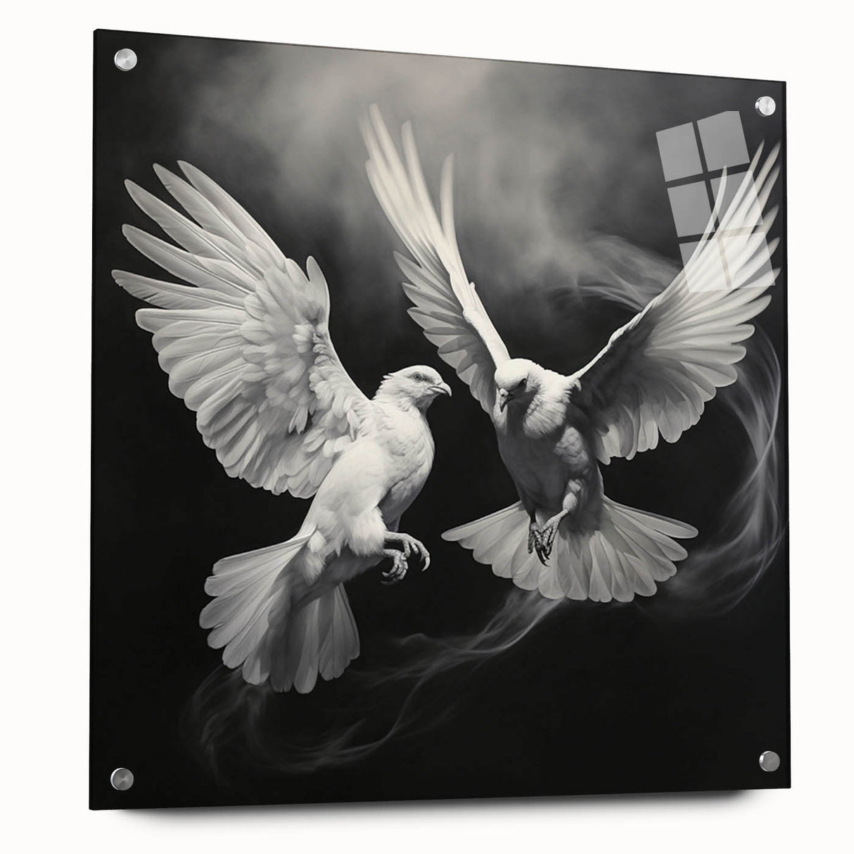 Acrylic glass wall art collection showcasing a side view of a dove design, elegantly mounted with pins, perfect for modern home decor.
