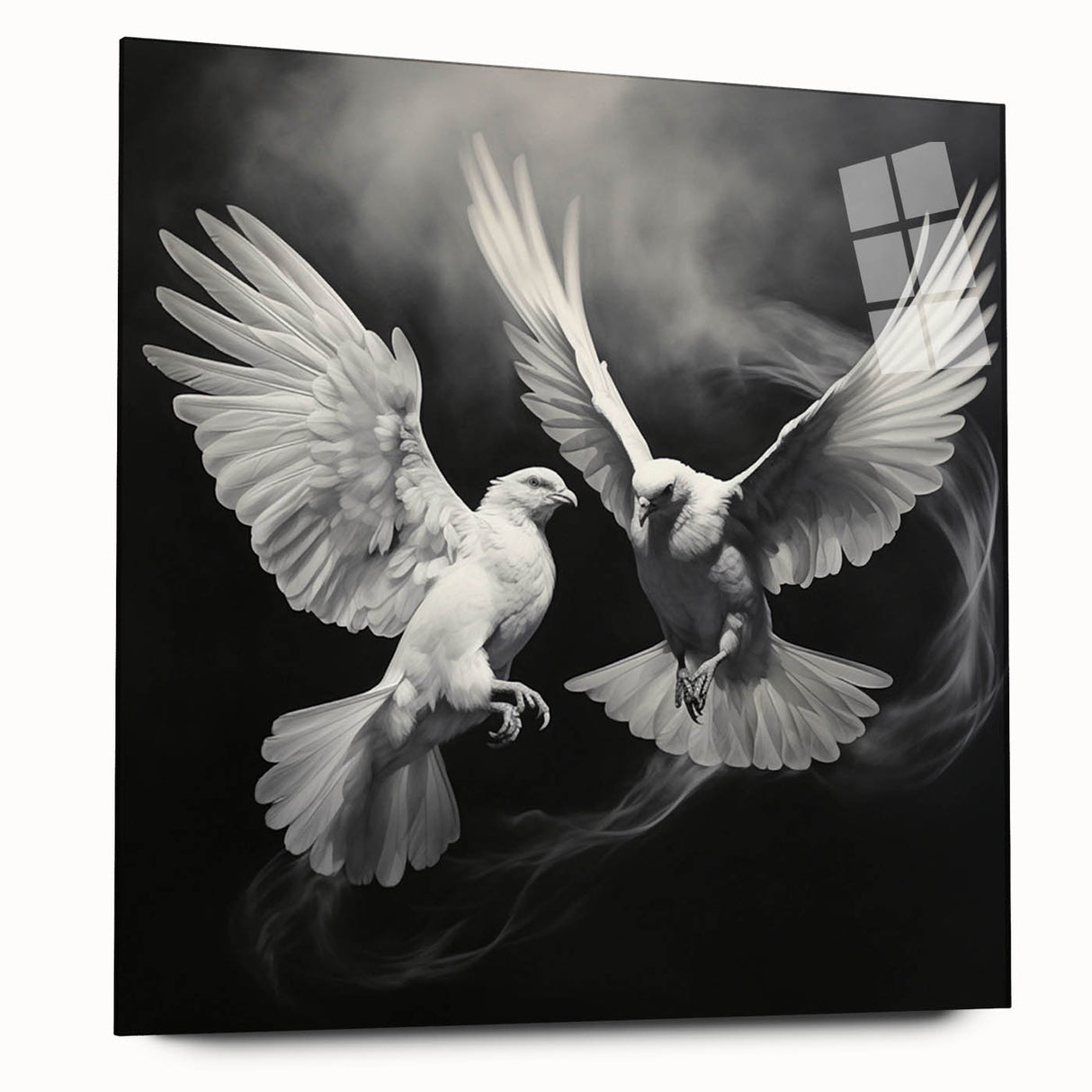 Acrylic glass wall art collection showcasing elegant dove designs in a modern side view, perfect for adding a serene touch to any interior decor.