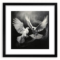 Black-framed wall art featuring a dove design, elegantly matted, perfect for modern home decor. Ideal for adding a serene touch to living spaces or offices.