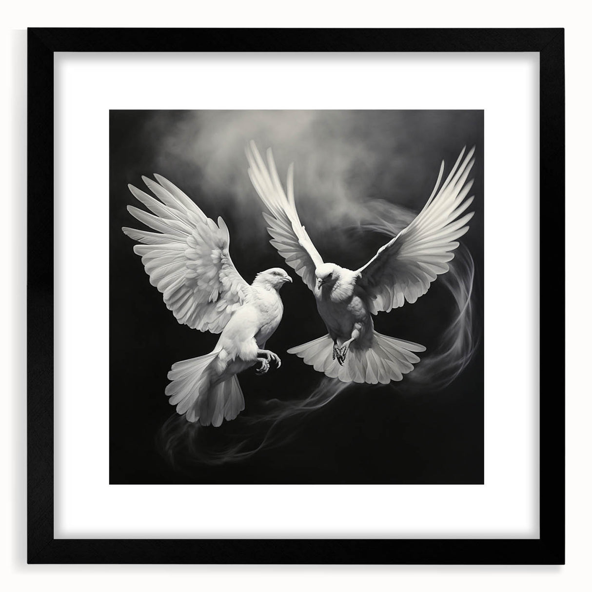 Black-framed wall art featuring a dove design, elegantly matted, perfect for modern home decor. Ideal for adding a serene touch to living spaces or offices.