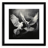 Black-framed wall art featuring a dove design, elegantly matted, perfect for modern home decor. Ideal for adding a serene touch to living spaces or offices.