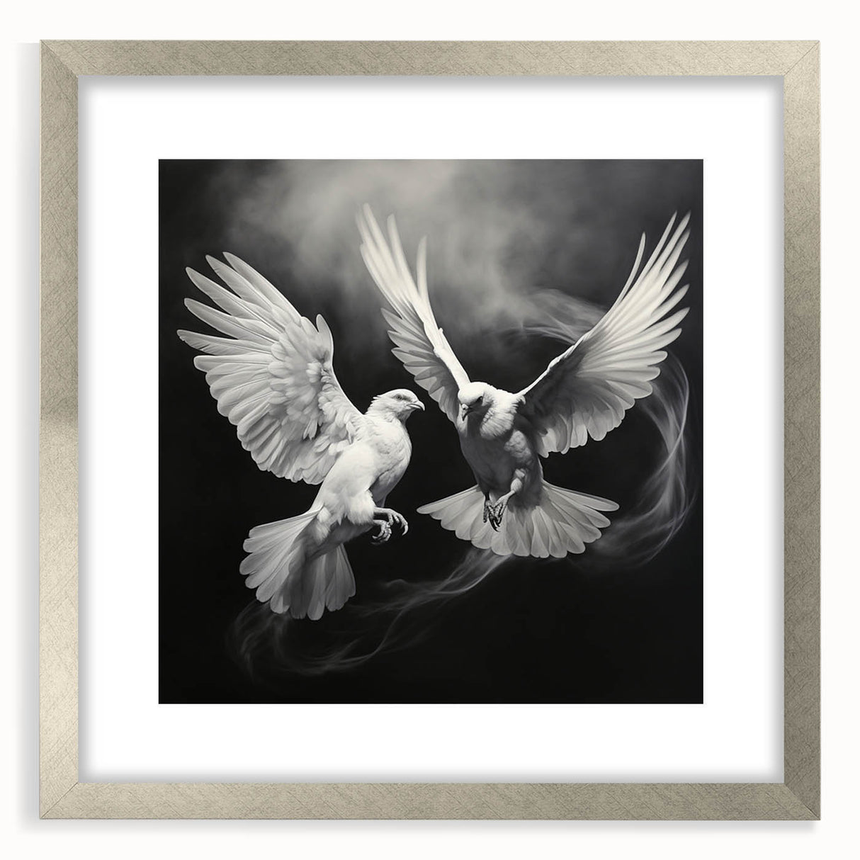 Framed wall art collection showcasing elegant dove designs in silver frames with white mats, perfect for enhancing modern home decor. Ideal for bird lovers and art enthusiasts.