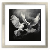 Framed wall art collection showcasing elegant dove designs in silver frames with white mats, perfect for enhancing modern home decor. Ideal for bird lovers and art enthusiasts.