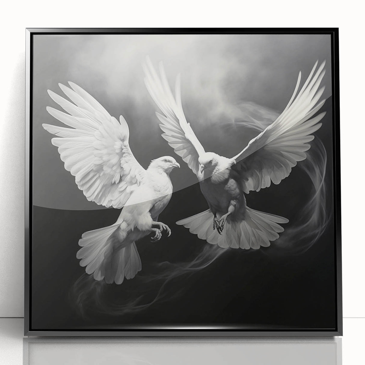 Framed acrylic wall art showcasing a delicate dove design in soft colors, set against a sleek black frame, ideal for modern home decor. Perfect for bird lovers.