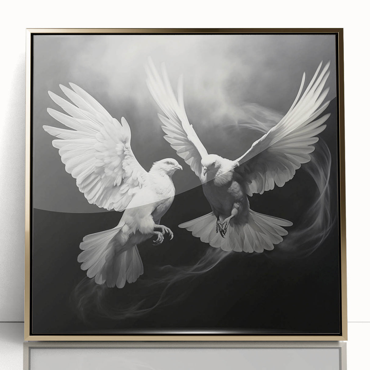 Framed wall art featuring a stylish dove design with a gold-acrylic finish, showcasing intricate details and elegant colors, perfect for modern home decor.