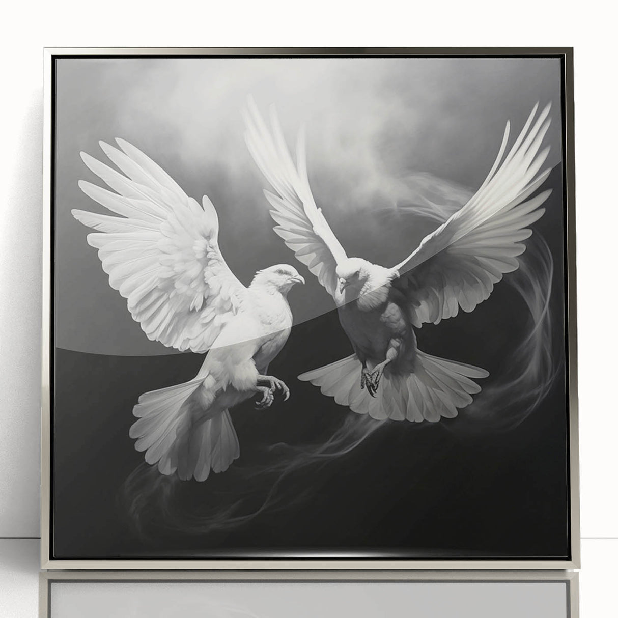 Framed wall art featuring a serene dove design in acrylic with a silver frame, showcasing elegant birds in flight against a minimalist backdrop. Perfect for modern decor.