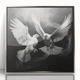 Framed wall art featuring a serene dove design in acrylic with a silver frame, showcasing elegant birds in flight against a minimalist backdrop. Perfect for modern decor.