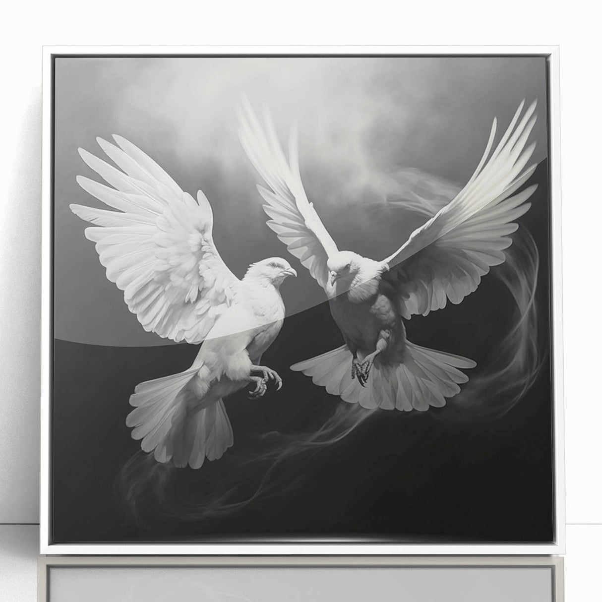 Framed wall art collection showcasing three elegant dove designs with a sleek white frame and acrylic front, perfect for modern home decor.