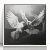 Framed wall art collection showcasing three elegant dove designs with a sleek white frame and acrylic front, perfect for modern home decor.