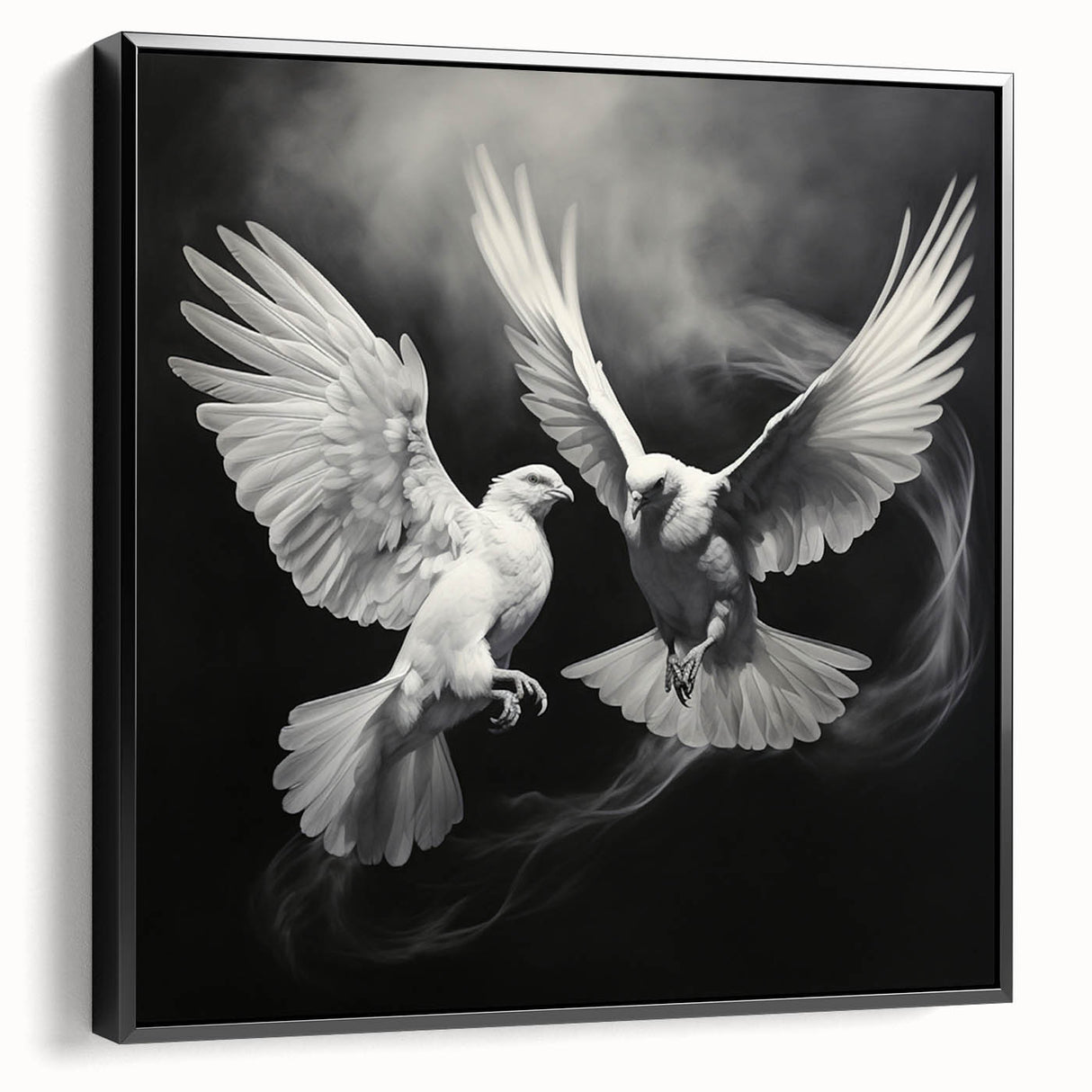 Framed canvas wall art featuring a stylish dove design in black, showcasing a side view of the artwork against a neutral background, perfect for modern home decor.