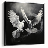 Framed canvas wall art featuring a stylish dove design in black, showcasing a side view of the artwork against a neutral background, perfect for modern home decor.