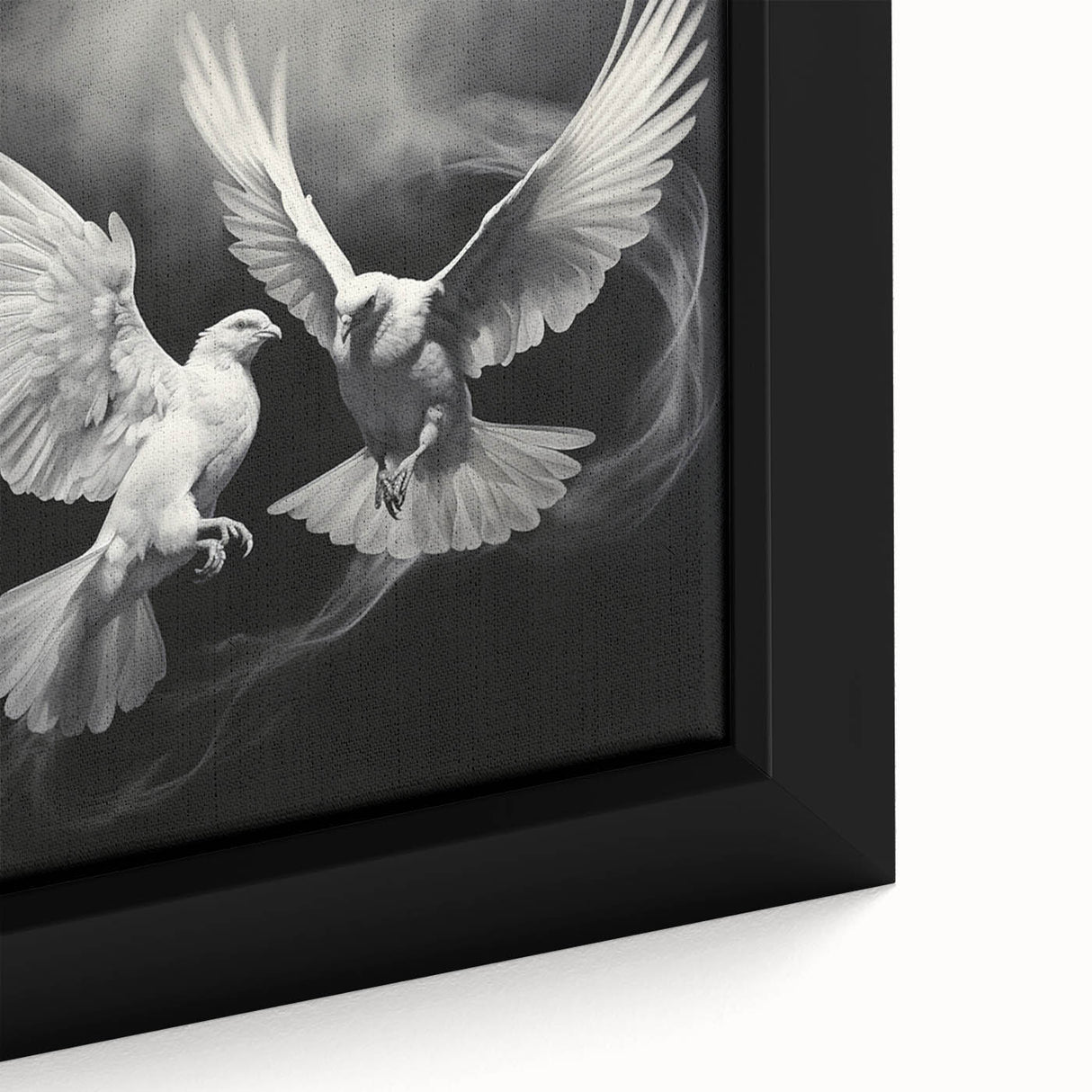 Close-up of a framed canvas wall art piece showcasing a serene dove design, featuring soft pastel colors and intricate detailing, perfect for modern home decor. Ideal for enhancing tranquil spaces or as a thoughtful gift for nature lovers.