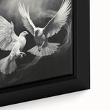 Close-up of a framed canvas wall art piece showcasing a serene dove design, featuring soft pastel colors and intricate detailing, perfect for modern home decor. Ideal for enhancing tranquil spaces or as a thoughtful gift for nature lovers.
