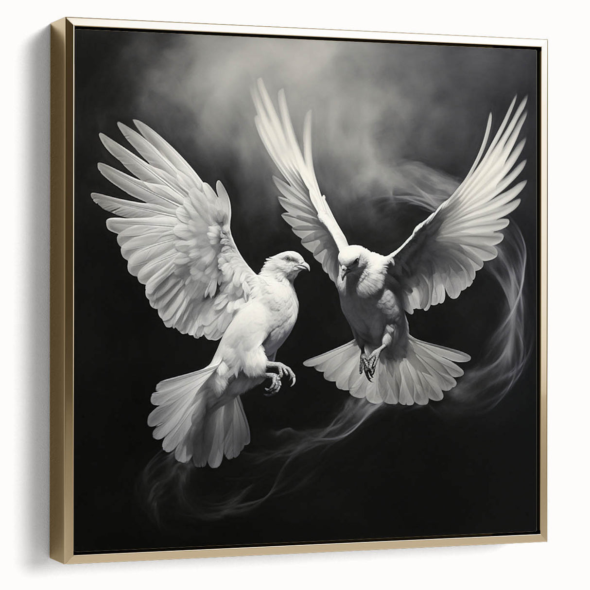 Framed wall art showcasing a serene dove design on a textured canvas, featuring a gold frame, perfect for enhancing modern interior decor and promoting tranquility.