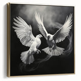 Framed wall art showcasing a serene dove design on a textured canvas, featuring a gold frame, perfect for enhancing modern interior decor and promoting tranquility.