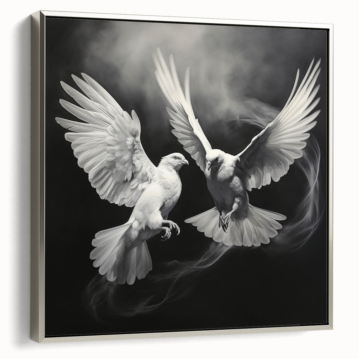 Framed canvas wall art showcasing a stylized dove design in silver tones, set against a modern backdrop, perfect for adding elegance to any space.