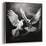 Framed canvas wall art showcasing a stylized dove design in silver tones, set against a modern backdrop, perfect for adding elegance to any space.