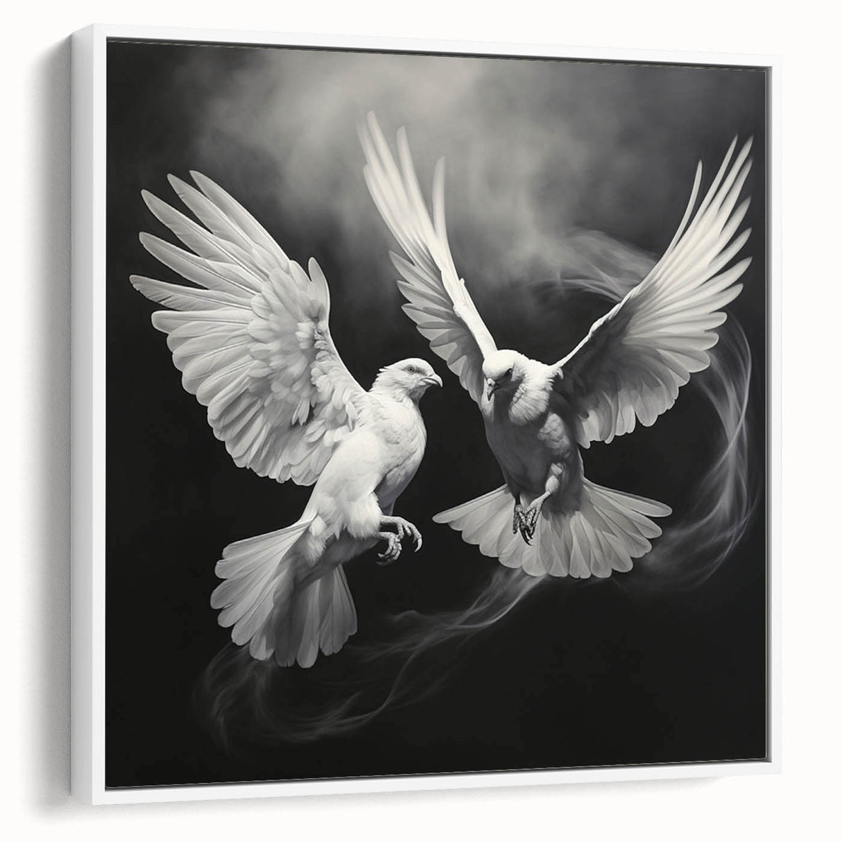 Framed canvas wall art featuring a serene dove design, presented in a white frame, showcasing elegant minimalist aesthetics perfect for modern home decor.