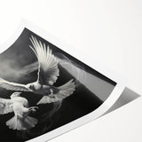Elegant wall art print depicting a serene dove design, featuring soft pastel colors on a textured background, perfect for home decor or gifting. This rolled print is ideal for enhancing living spaces with a touch of tranquility.