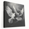 Stretched canvas wall art featuring a serene dove design in soft pastel colors, ideal for home decor, showcasing elegance and tranquility in a modern setting.