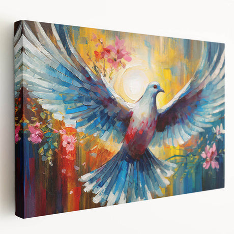 Stretched canvas wall art featuring a serene dove design, showcasing soft pastel colors that evoke tranquility, ideal for home decor or peaceful spaces.