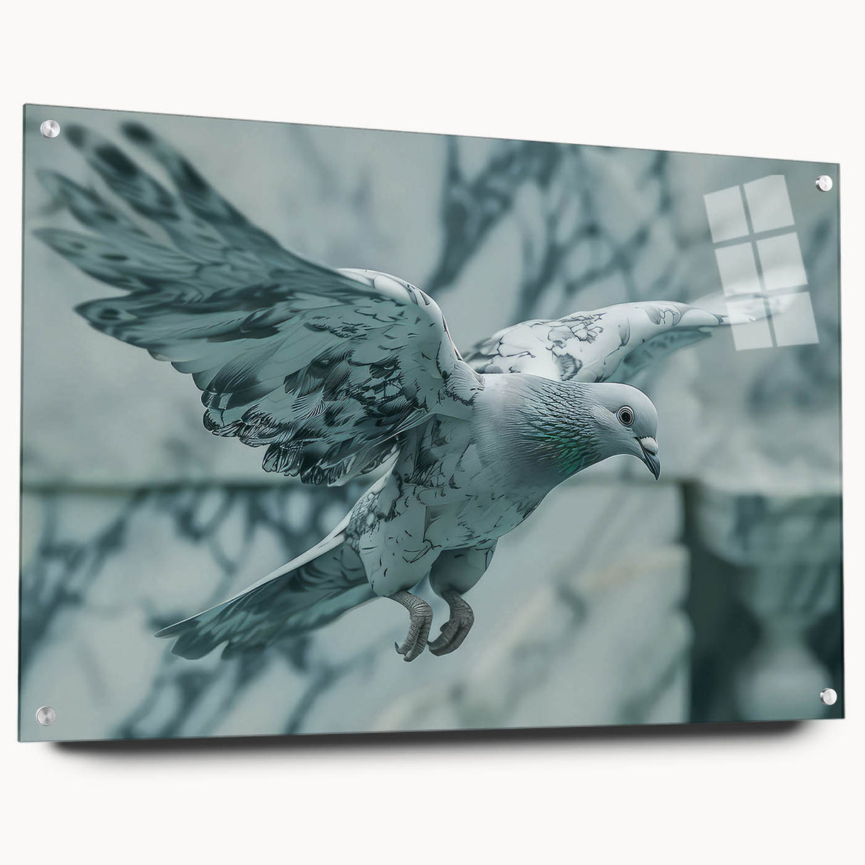 Side view of a wall art collection featuring five acrylic glass panels showcasing elegant dove designs, mounted with pins for display, ideal for modern decor.