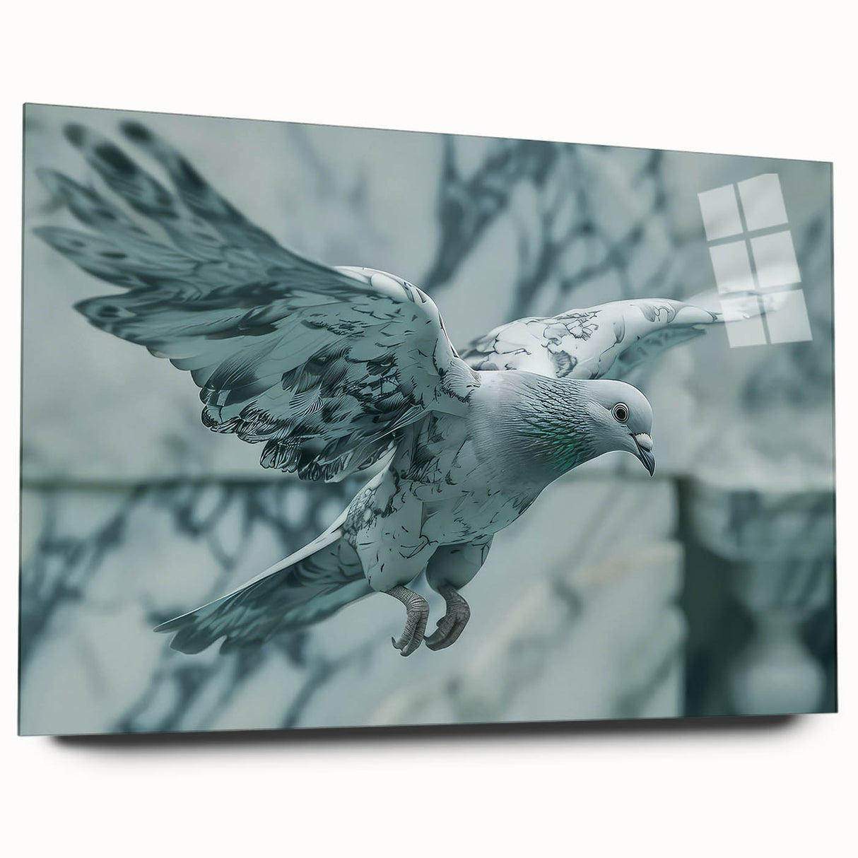 Elegant acrylic glass wall art collection showcasing a side view of a dove design, highlighting intricate details and vibrant colors, perfect for modern decor.