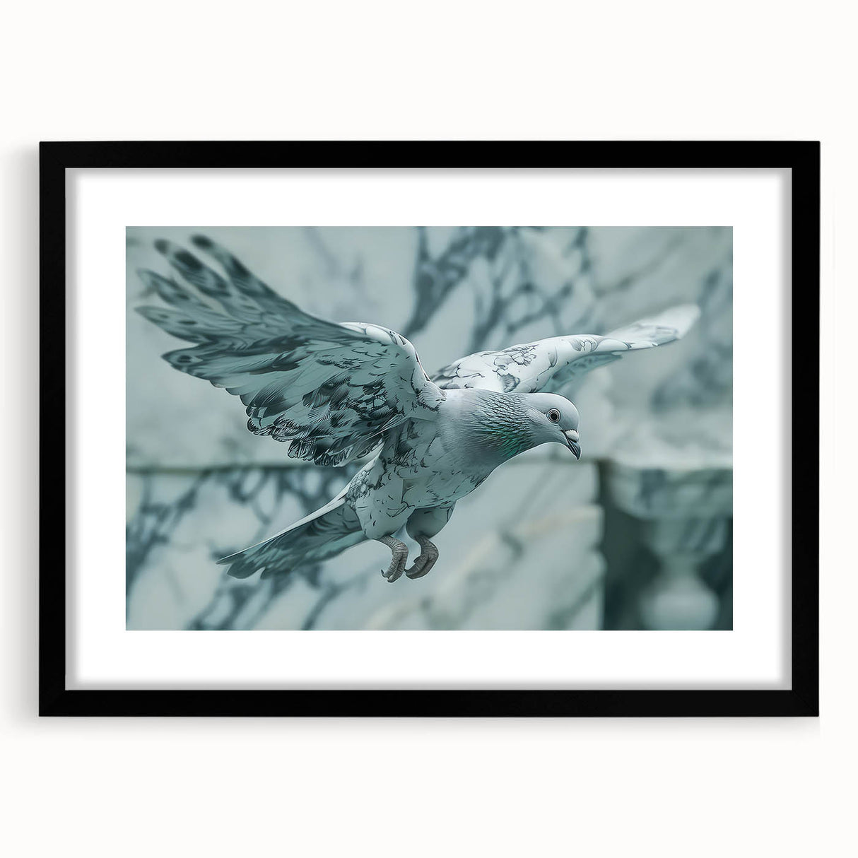 Framed wall art collection featuring a sleek black frame showcasing a delicate dove design, perfect for modern decor. The artwork is set with a mat for a polished look.