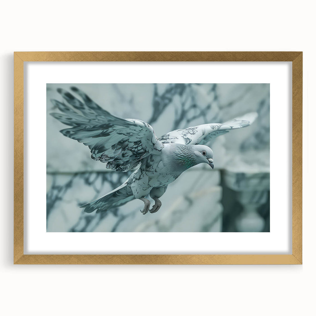 Gold-framed wall art featuring a serene dove design, elegantly matted for a sophisticated look, perfect for enhancing modern home decor and creating a calming ambiance.