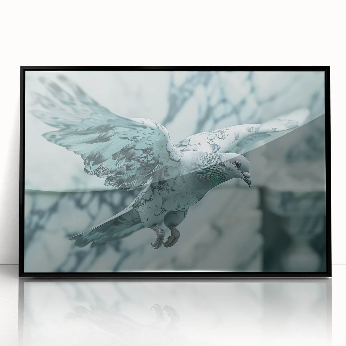 Framed wall art featuring a serene dove design, set against a sleek black background, perfect for enhancing modern home decor. This acrylic piece adds tranquility and elegance to any space.