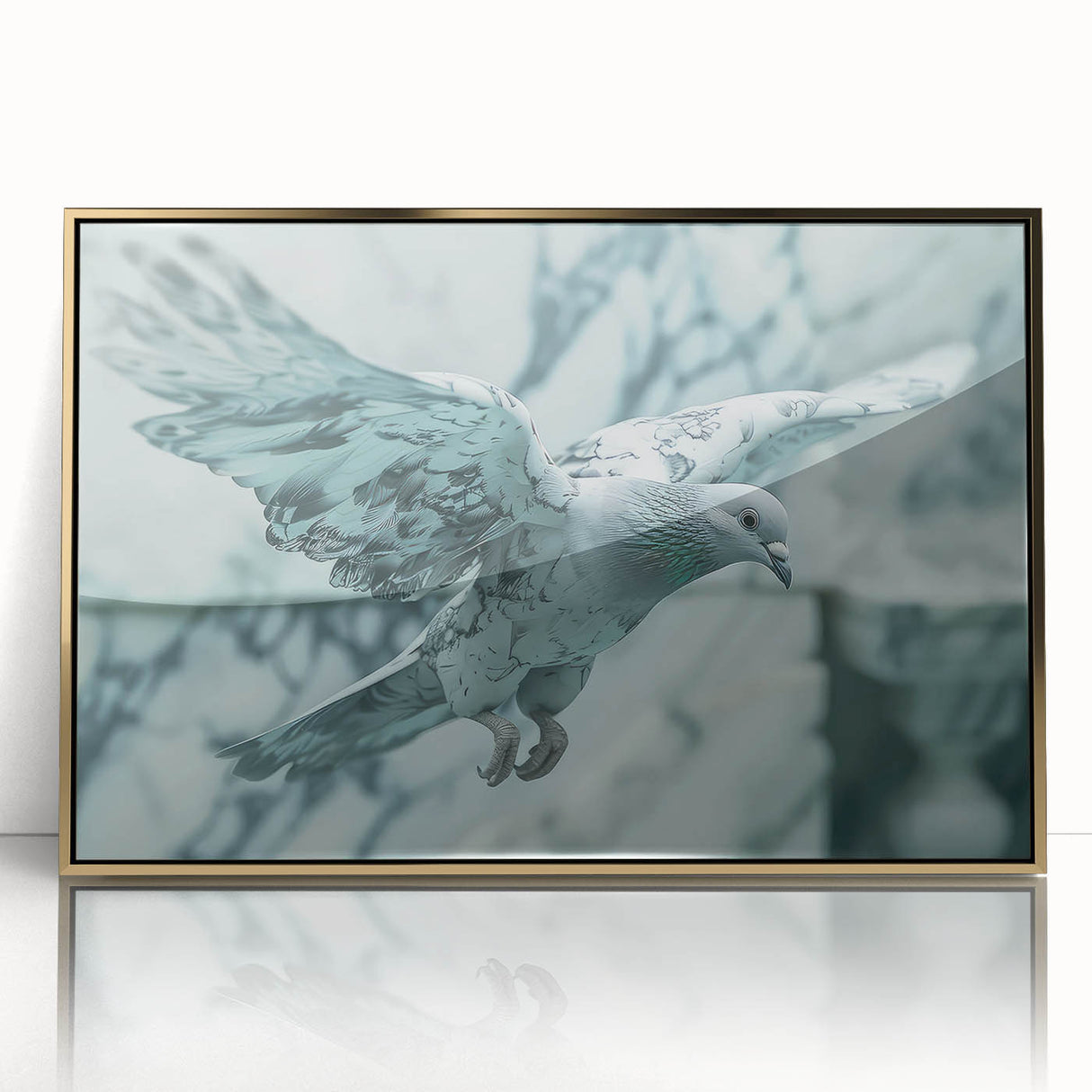 Framed wall art collection featuring a gold-accented design of doves in flight, showcasing intricate details and vibrant colors, perfect for modern decor.