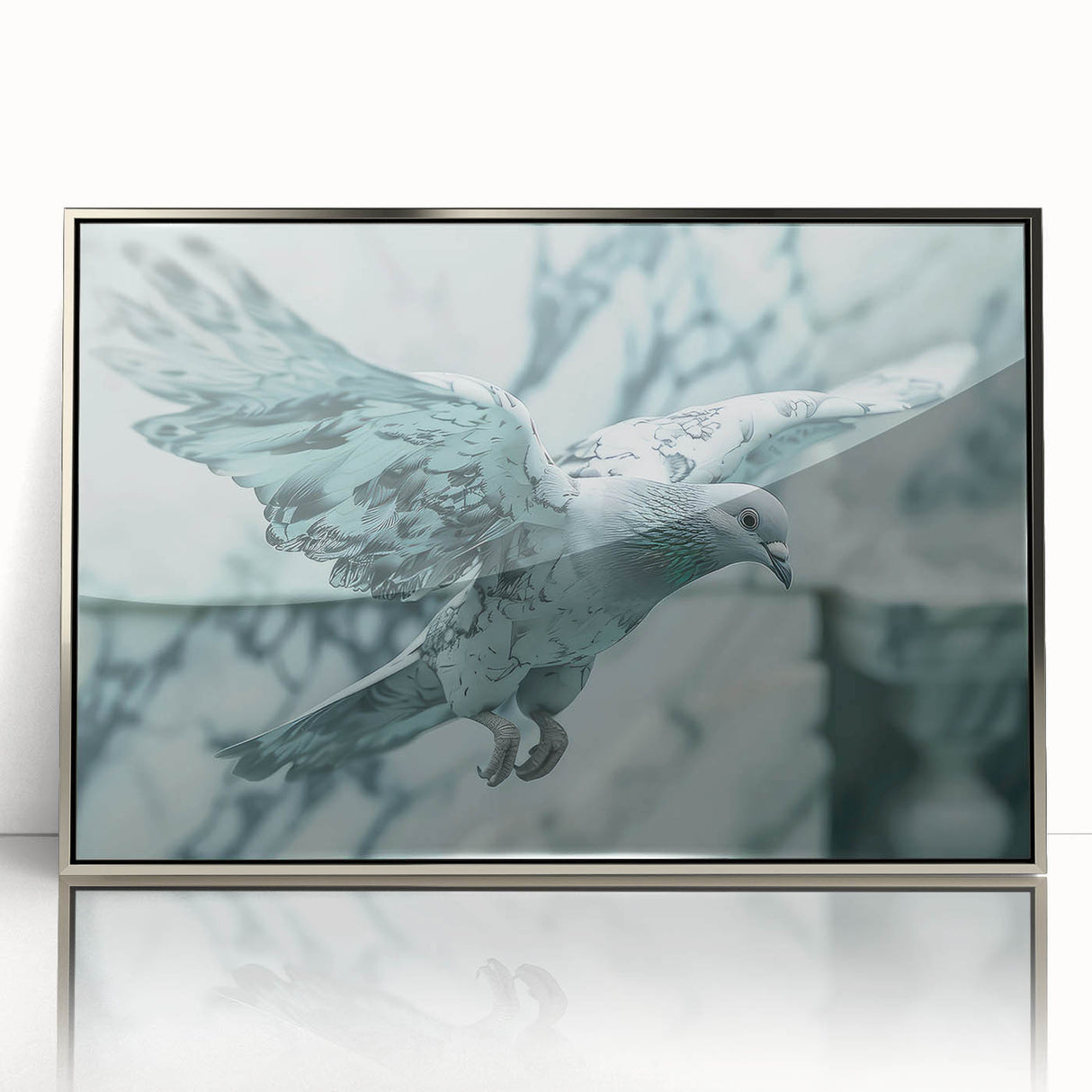 Framed wall art collection showcasing a silver-accented dove design on acrylic, ideal for modern decor. Perfect for adding elegance to living spaces or offices.