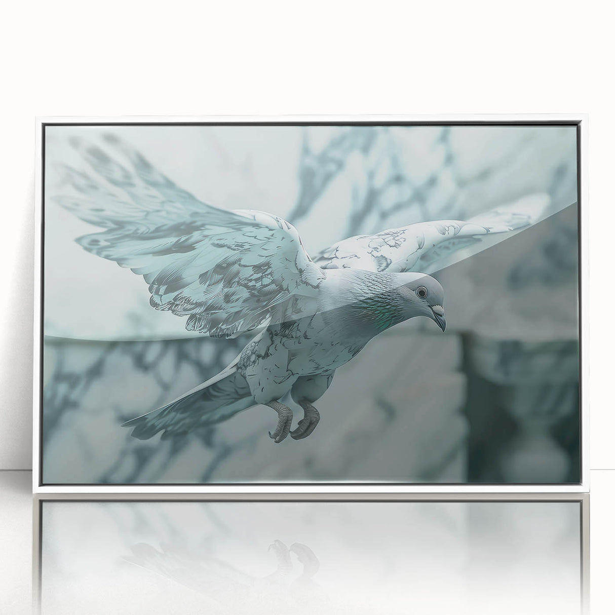 Framed wall art collection showcasing elegant dove designs in a white acrylic frame, perfect for adding a serene touch to modern home decor.