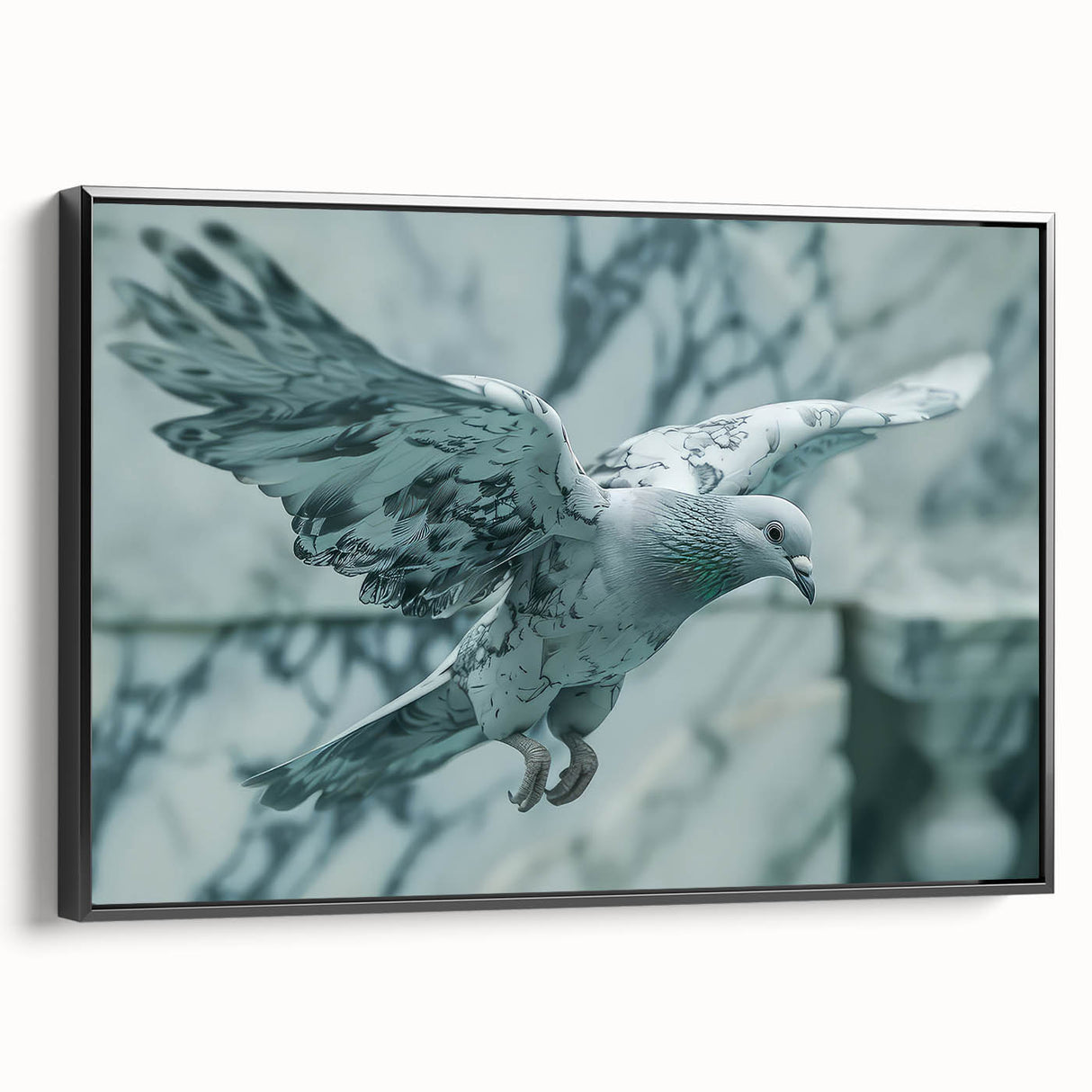Framed wall art collection showcasing a minimalist black dove design on canvas, viewed from the side, perfect for modern decor in living spaces.