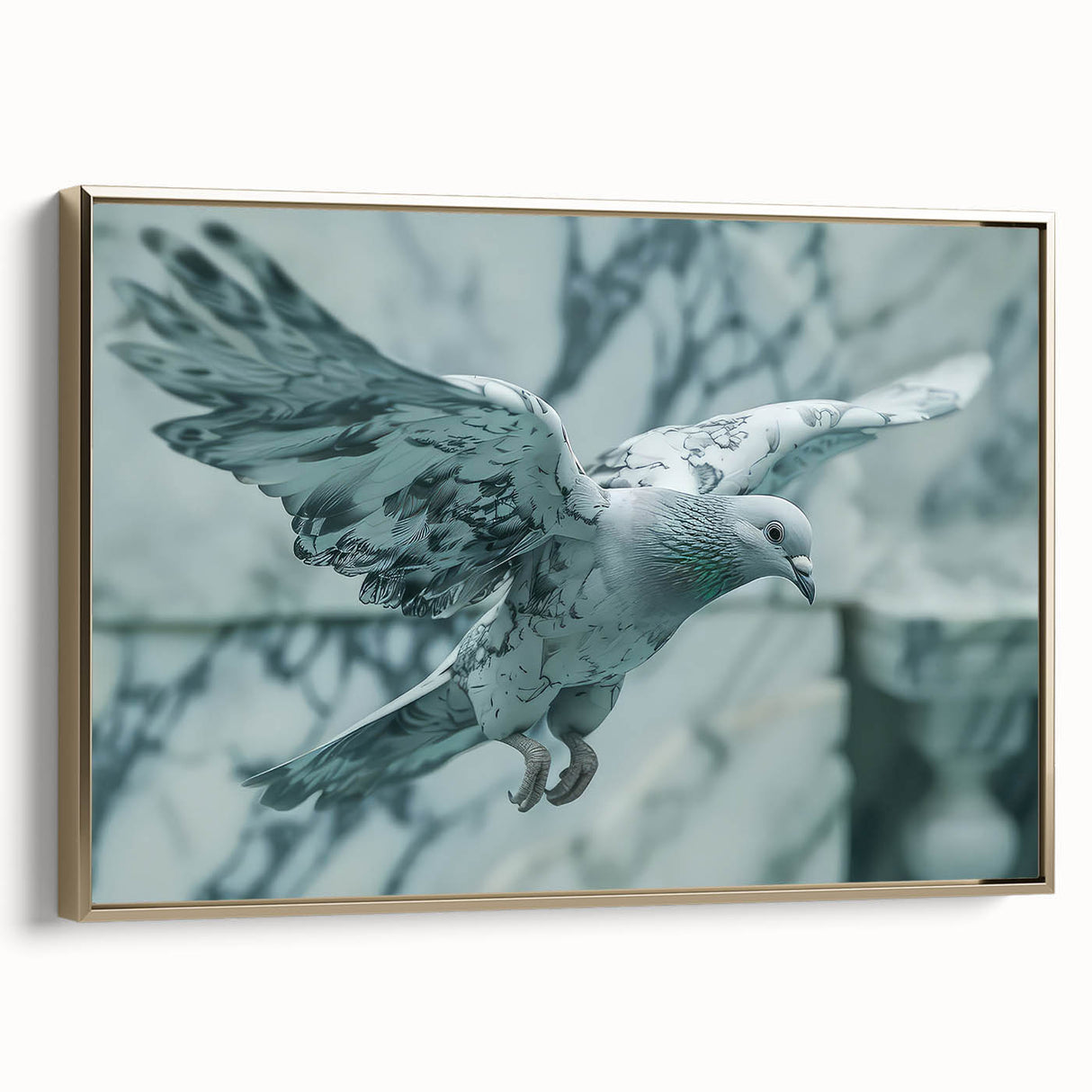 Framed canvas wall art featuring a serene dove design in gold tones, beautifully displayed from the side. Ideal for enhancing modern home decor with a touch of elegance.