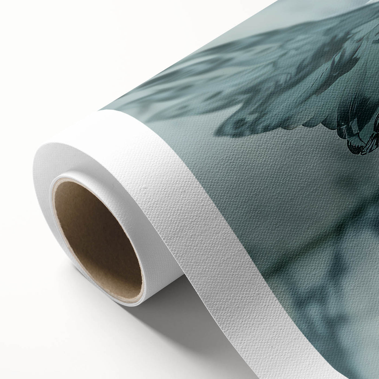 Rolled canvas artwork showcasing a serene dove design with vibrant colors, elegantly packaged in a protective cardboard tube for easy display and transport.