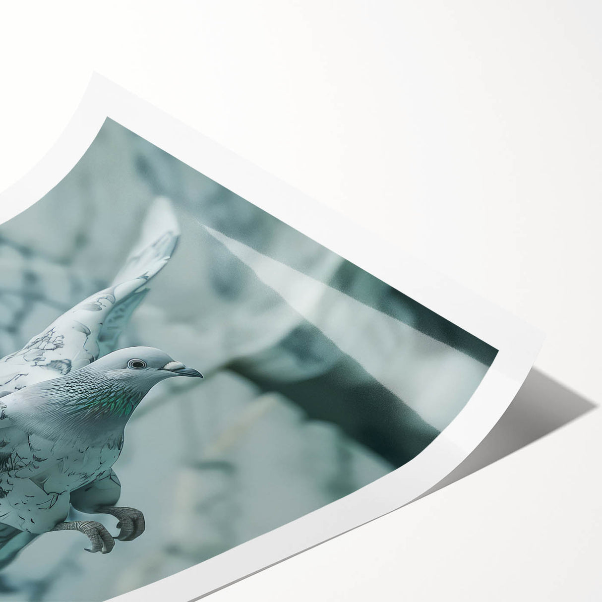 Dove-themed wall art print showcasing an elegant design of white doves in flight against a soft blue background, ideal for home decor and uplifting ambiance.