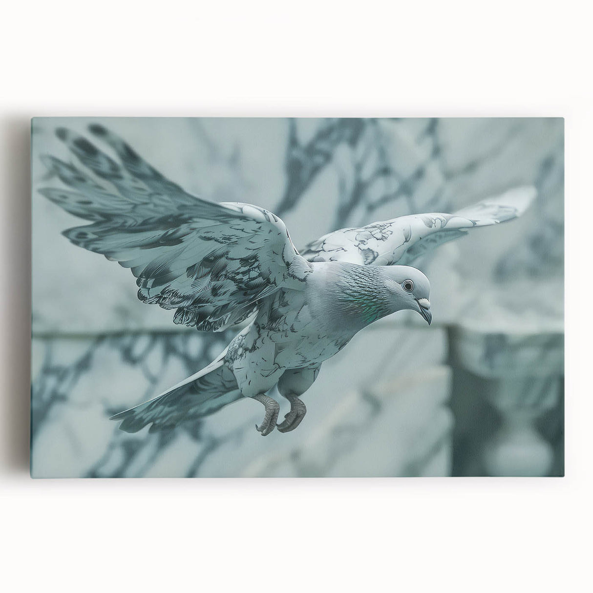 Stretched canvas wall art featuring a serene dove design, predominantly white and soft blue hues, ideal for adding tranquility to any room decor.