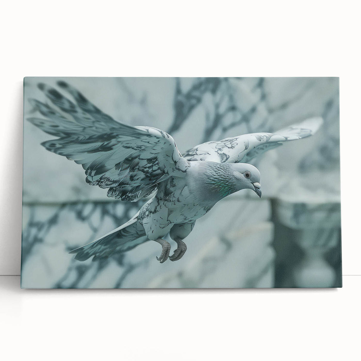 Stretched canvas wall art depicting a serene dove design, showcasing soft pastel colors perfect for home decor, leaning against a neutral backdrop. Ideal for creating a peaceful ambiance.