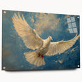 Acrylic glass wall art featuring a dove design, showcasing intricate details and vibrant colors, displayed from a side view with decorative pins, ideal for modern decor.
