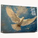 Acrylic glass wall art featuring a dove design, showcasing intricate details and vibrant colors, displayed from a side view with decorative pins, ideal for modern decor.