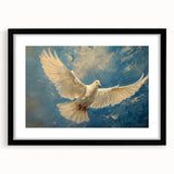 Framed wall art featuring a minimalist dove design in black and white, accented with a sleek black frame and mat, perfect for modern home decor.