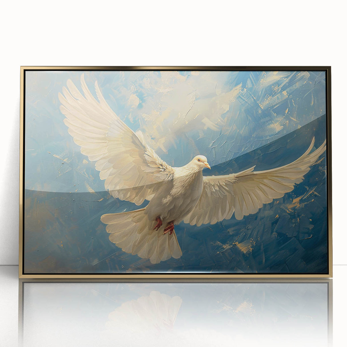 Framed wall art collection showcasing a dove design with gold accents, set against a sleek acrylic background, ideal for modern home decor.