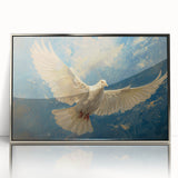 Framed wall art featuring a silver-accented dove design, elegantly displayed in a modern acrylic frame, perfect for enhancing contemporary home decor.