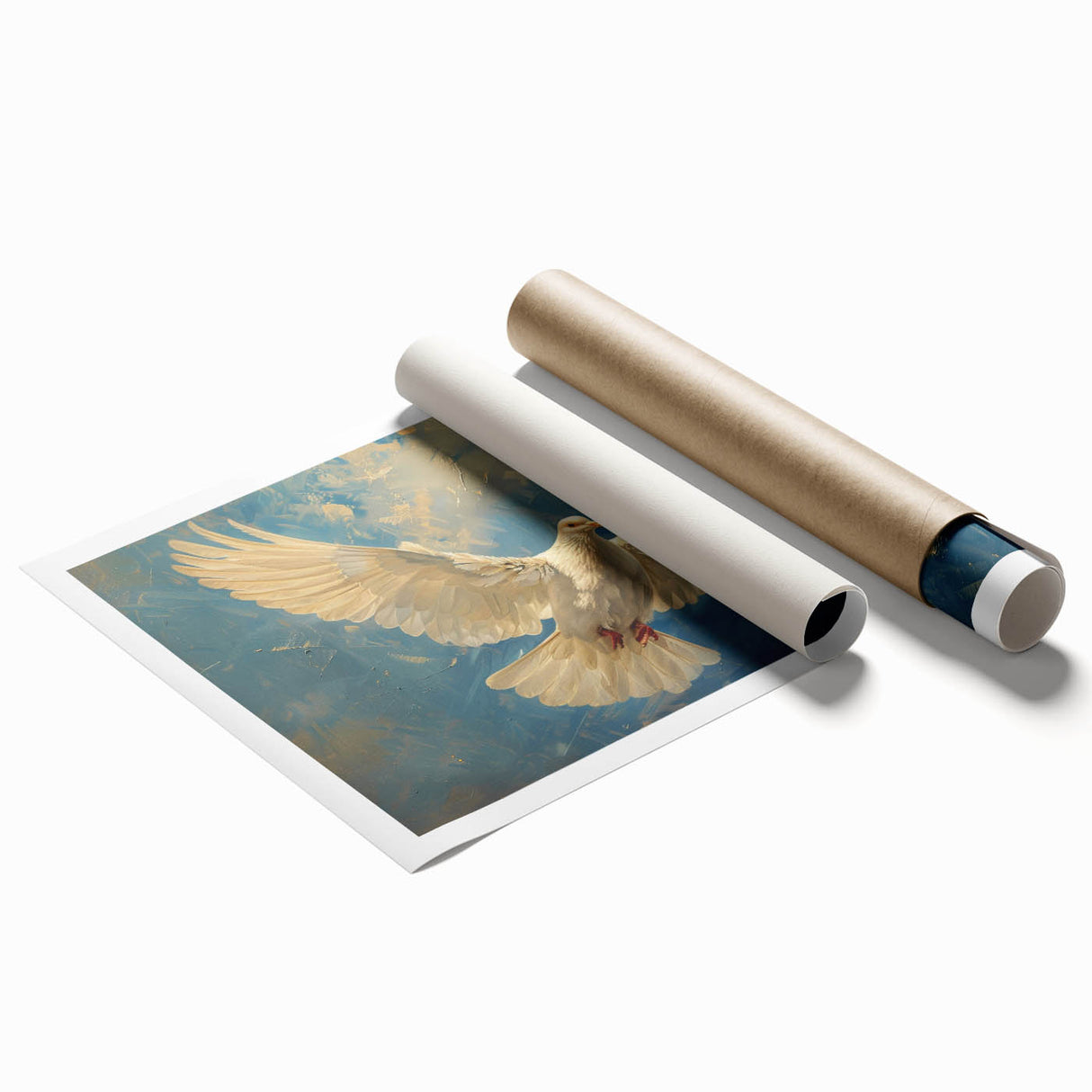 Artistic rolled print showcasing a serene dove design in soft pastel colors, perfect for home decor. Ideal for adding a peaceful touch to any room.