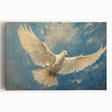 Stretched canvas wall art featuring a vibrant dove design in soft pastel colors, ideal for home decor and enhancing living spaces with a peaceful ambiance.