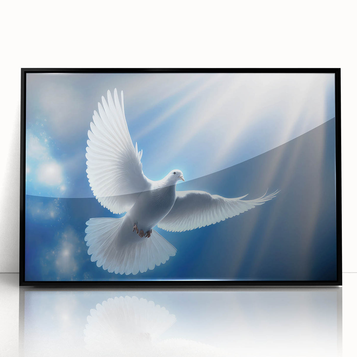 Framed wall art featuring a serene dove design in an elegant black frame, showcasing a modern and minimalist aesthetic perfect for home decor.
