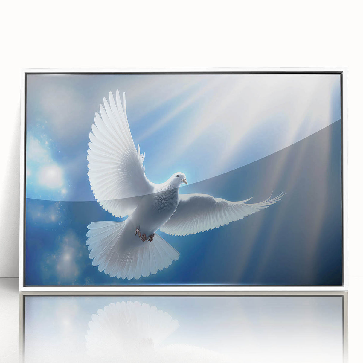 Framed wall art featuring a stunning dove design, crafted from acrylic, with a sleek white frame. This elegant piece adds a contemporary touch to any living space, highlighting peace and tranquility. Perfect for home decor enthusiasts.