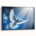 Framed canvas wall art featuring a dove design, showcasing a sleek black frame and a side view that highlights its elegant presentation, perfect for home decor.