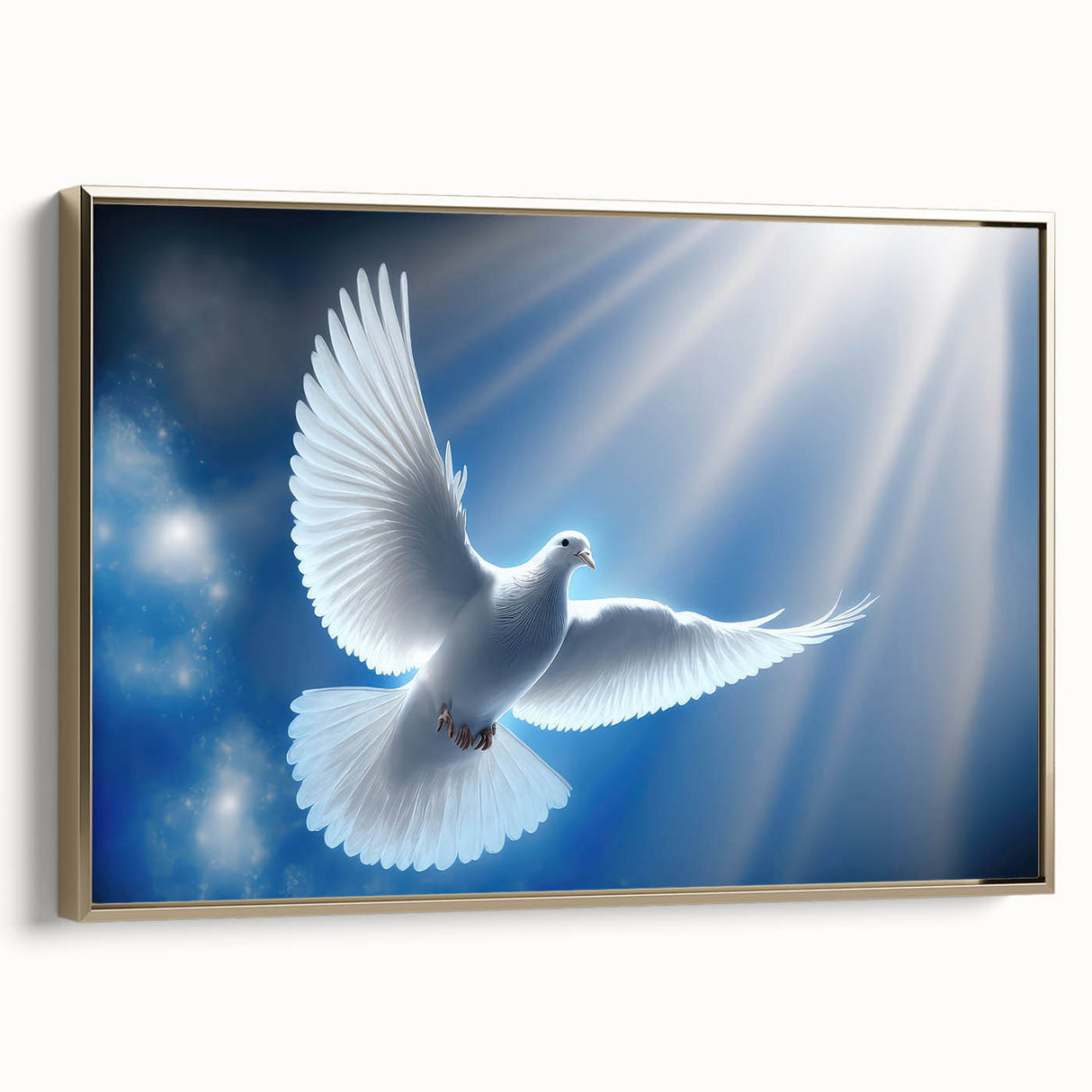 Framed canvas wall art featuring a serene dove design with gold accents, showcasing an elegant side view; perfect for adding a touch of sophistication to any decor.